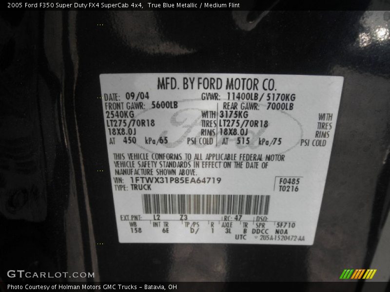 2005 F350 Super Duty FX4 SuperCab 4x4 True Blue Metallic Color Code L2
