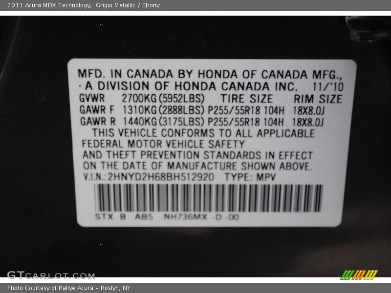 Grigio Metallic / Ebony 2011 Acura MDX Technology