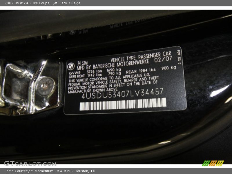 Jet Black / Beige 2007 BMW Z4 3.0si Coupe