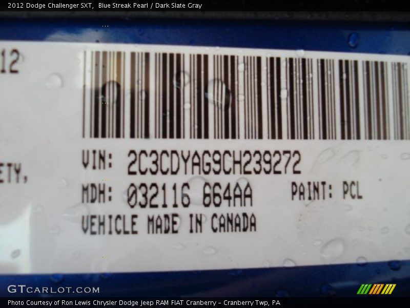 Blue Streak Pearl / Dark Slate Gray 2012 Dodge Challenger SXT