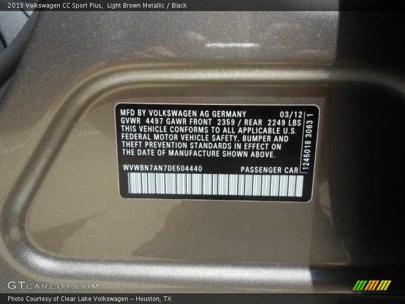 Light Brown Metallic / Black 2013 Volkswagen CC Sport Plus