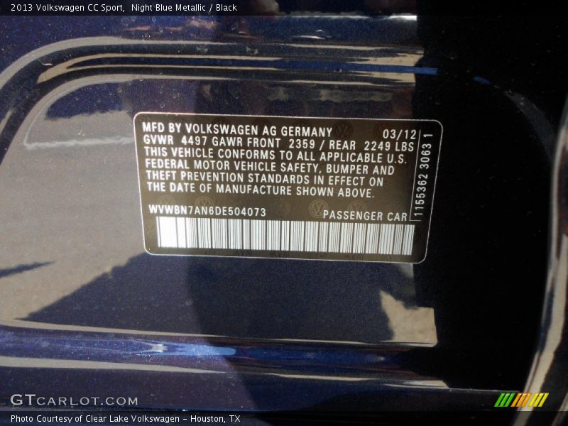 Night Blue Metallic / Black 2013 Volkswagen CC Sport