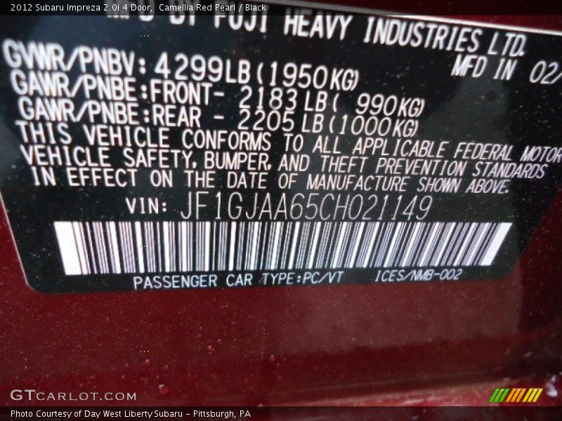 Camellia Red Pearl / Black 2012 Subaru Impreza 2.0i 4 Door