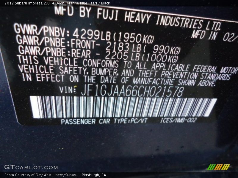 Marine Blue Pearl / Black 2012 Subaru Impreza 2.0i 4 Door