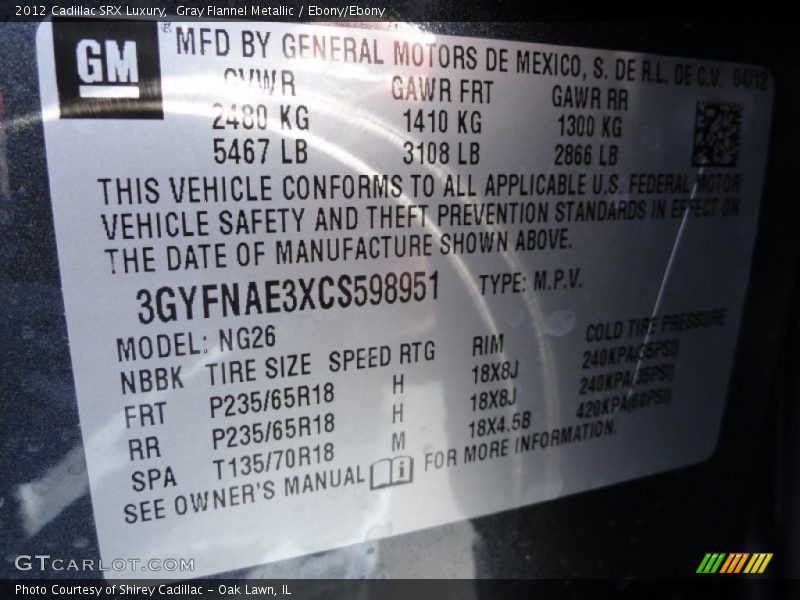 Gray Flannel Metallic / Ebony/Ebony 2012 Cadillac SRX Luxury