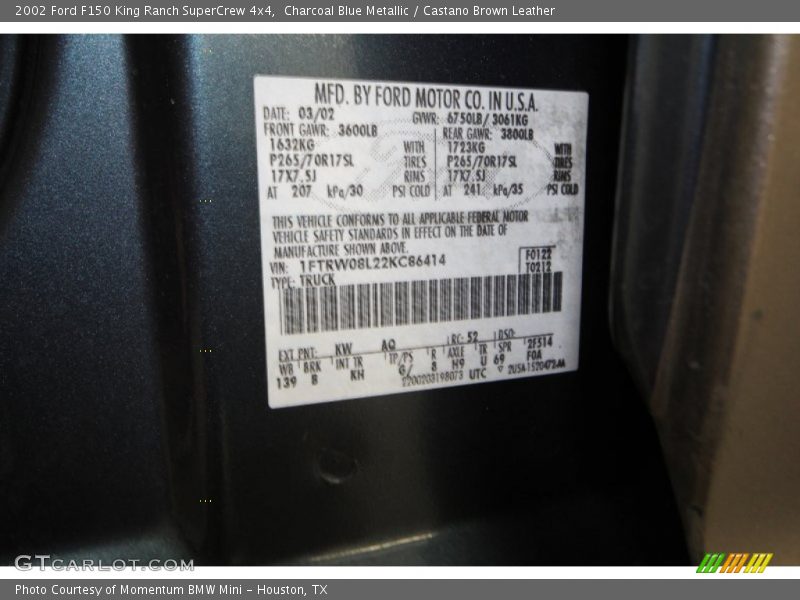 2002 F150 King Ranch SuperCrew 4x4 Charcoal Blue Metallic Color Code KW