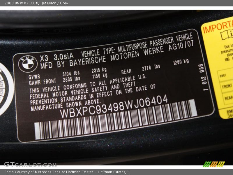 Jet Black / Grey 2008 BMW X3 3.0si
