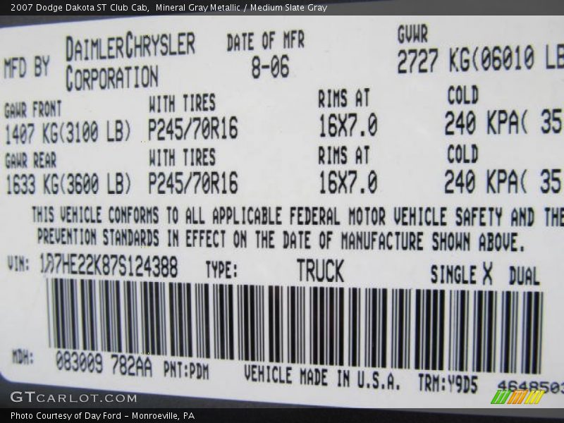 Mineral Gray Metallic / Medium Slate Gray 2007 Dodge Dakota ST Club Cab