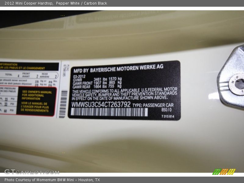 Pepper White / Carbon Black 2012 Mini Cooper Hardtop