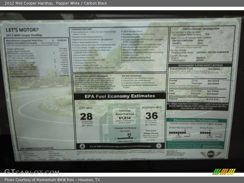 Pepper White / Carbon Black 2012 Mini Cooper Hardtop