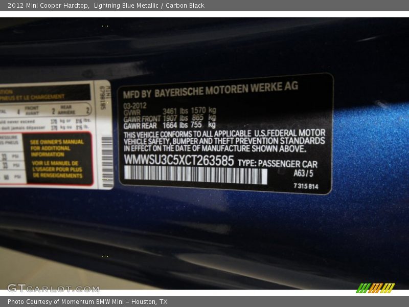Lightning Blue Metallic / Carbon Black 2012 Mini Cooper Hardtop