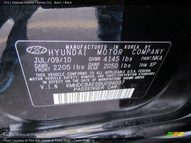 2011 Elantra Touring GLS Black Color Code NKA