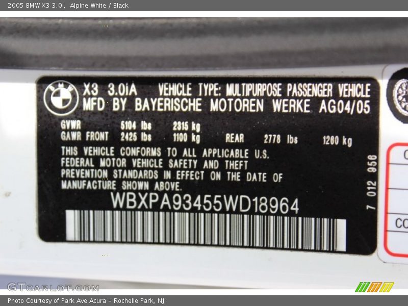 Alpine White / Black 2005 BMW X3 3.0i