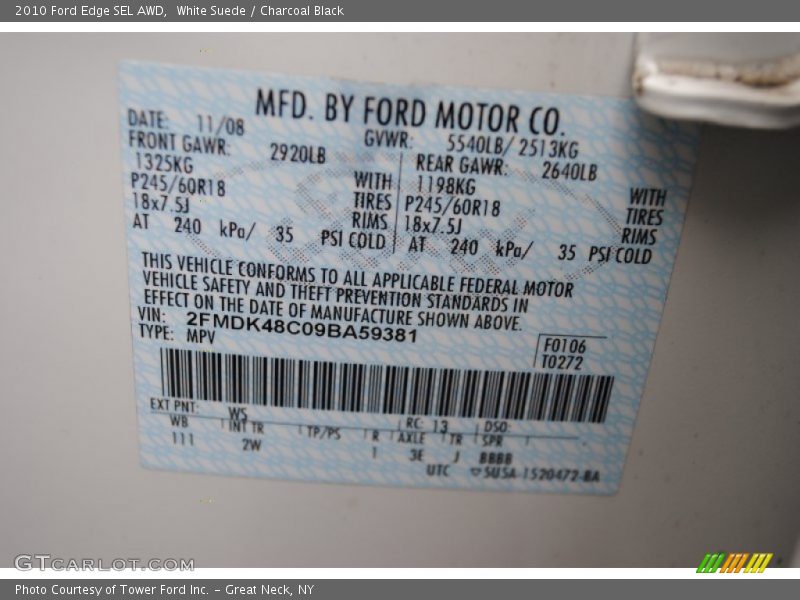 White Suede / Charcoal Black 2010 Ford Edge SEL AWD