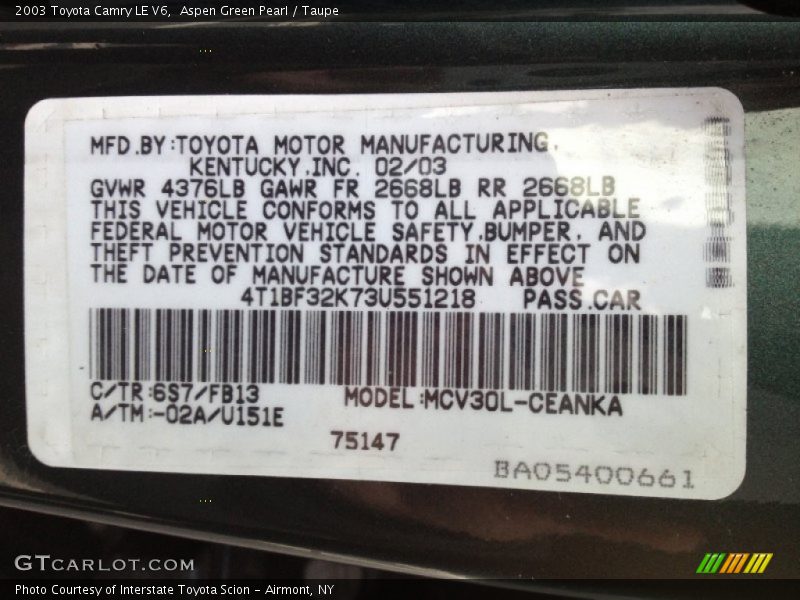 2003 Camry LE V6 Aspen Green Pearl Color Code 6S7