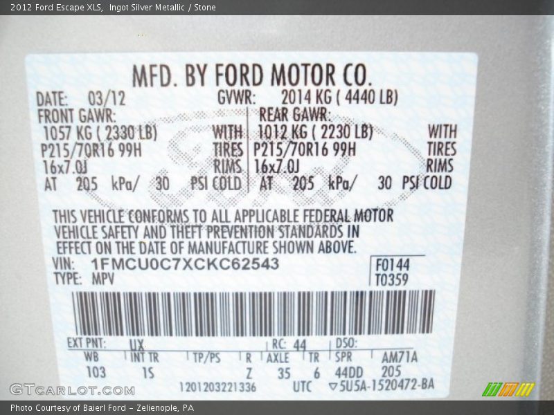 Ingot Silver Metallic / Stone 2012 Ford Escape XLS