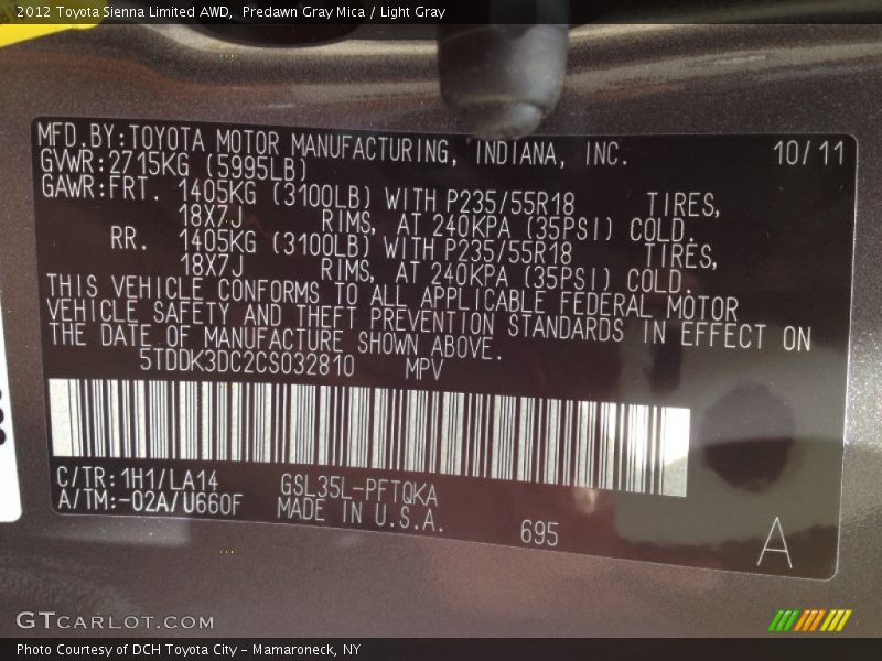 Predawn Gray Mica / Light Gray 2012 Toyota Sienna Limited AWD