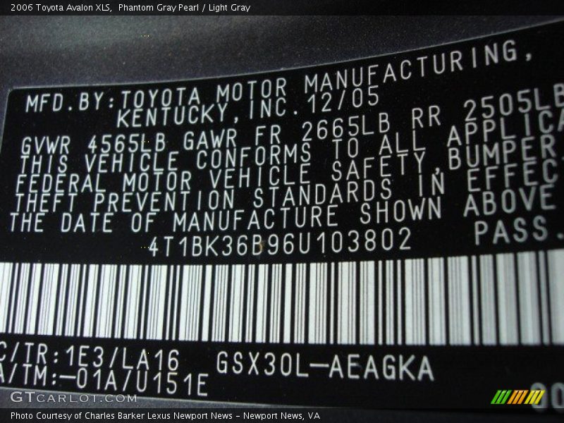 2006 Avalon XLS Phantom Gray Pearl Color Code 1E3