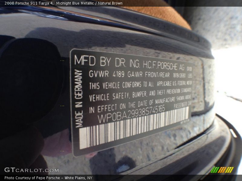 Midnight Blue Metallic / Natural Brown 2008 Porsche 911 Targa 4