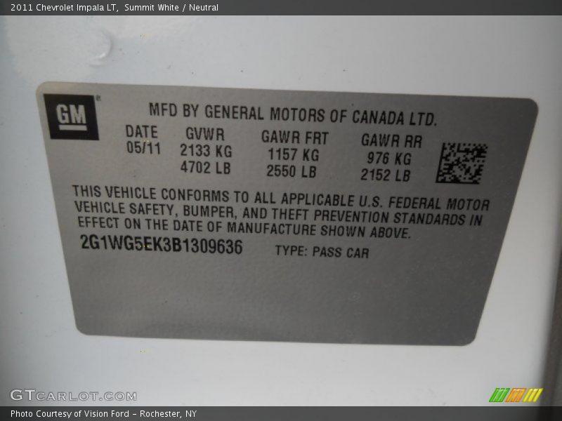 Summit White / Neutral 2011 Chevrolet Impala LT