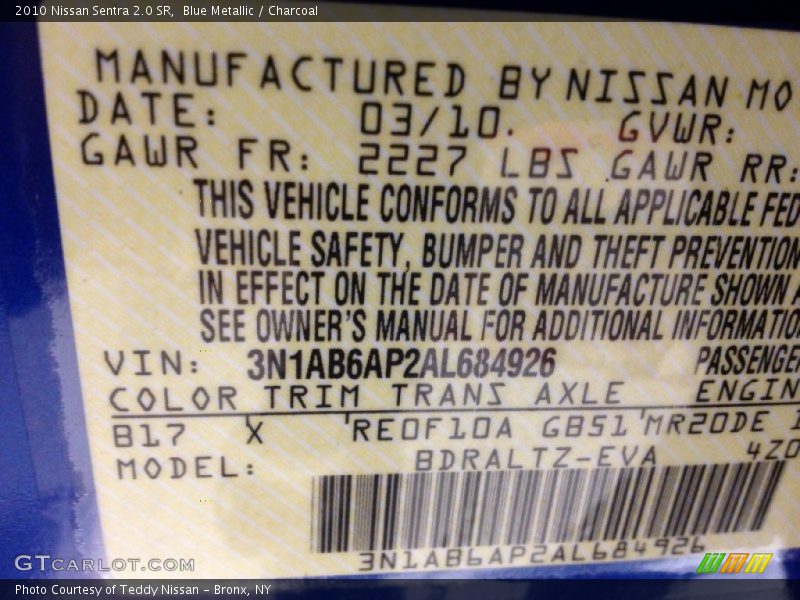 Blue Metallic / Charcoal 2010 Nissan Sentra 2.0 SR