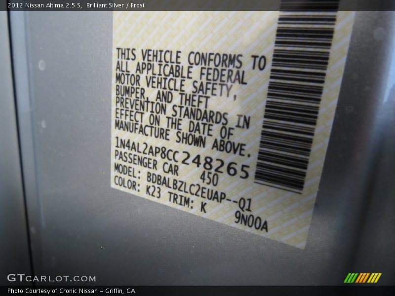 Brilliant Silver / Frost 2012 Nissan Altima 2.5 S
