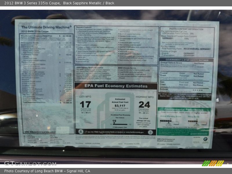  2012 3 Series 335is Coupe Window Sticker