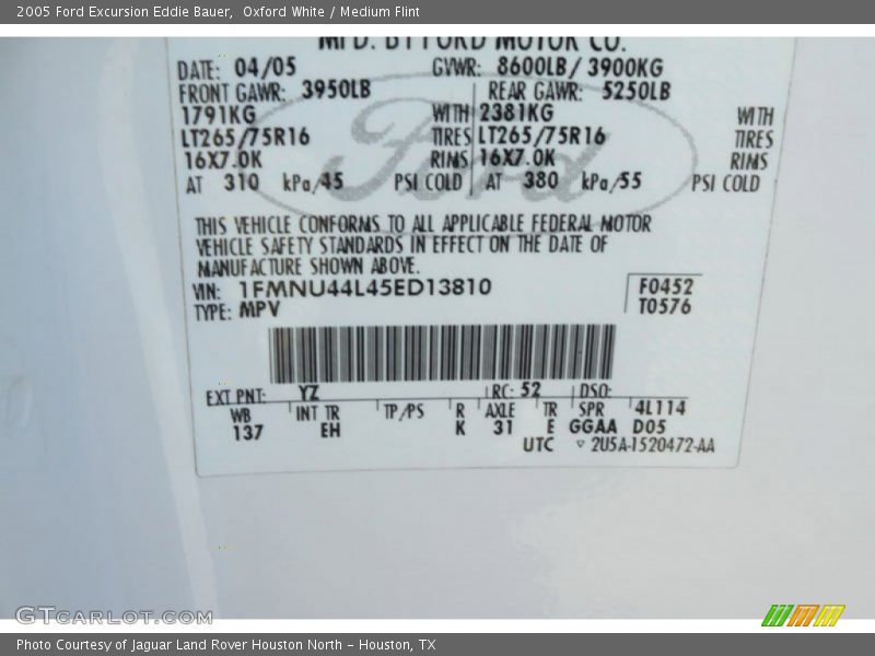 2005 Excursion Eddie Bauer Oxford White Color Code YZ