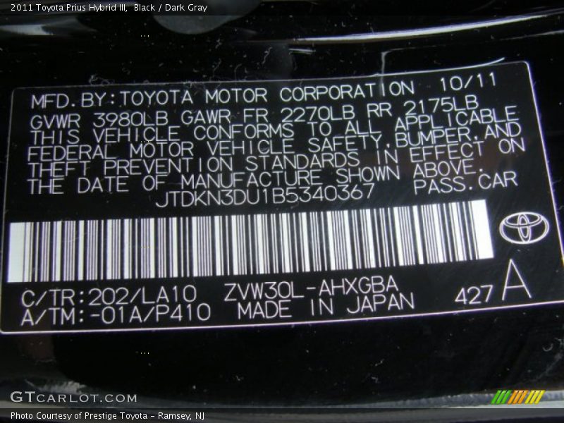 Black / Dark Gray 2011 Toyota Prius Hybrid III
