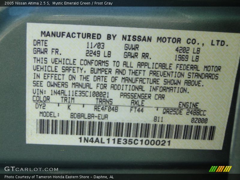 Mystic Emerald Green / Frost Gray 2005 Nissan Altima 2.5 S