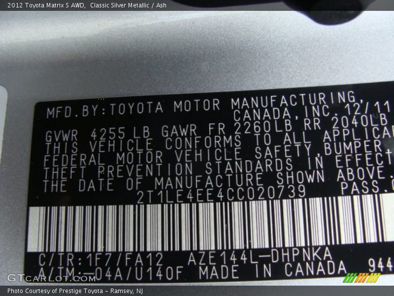 2012 Matrix S AWD Classic Silver Metallic Color Code 1F7