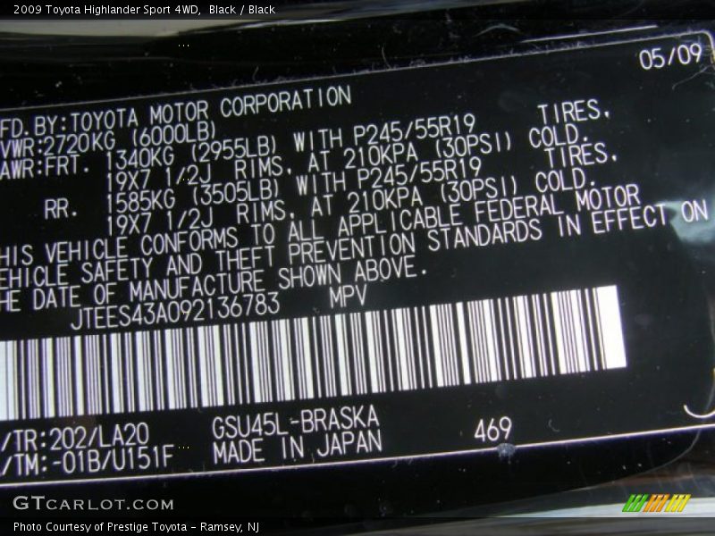 Black / Black 2009 Toyota Highlander Sport 4WD