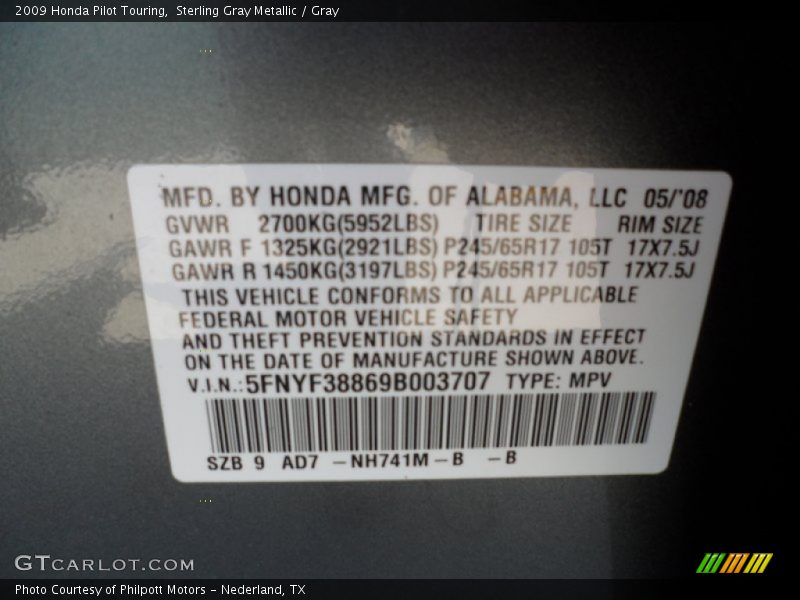 Sterling Gray Metallic / Gray 2009 Honda Pilot Touring
