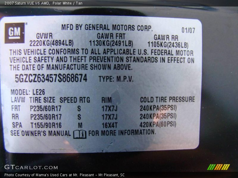 Polar White / Tan 2007 Saturn VUE V6 AWD