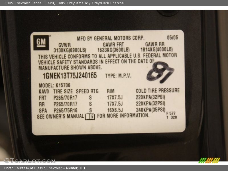 Dark Gray Metallic / Gray/Dark Charcoal 2005 Chevrolet Tahoe LT 4x4