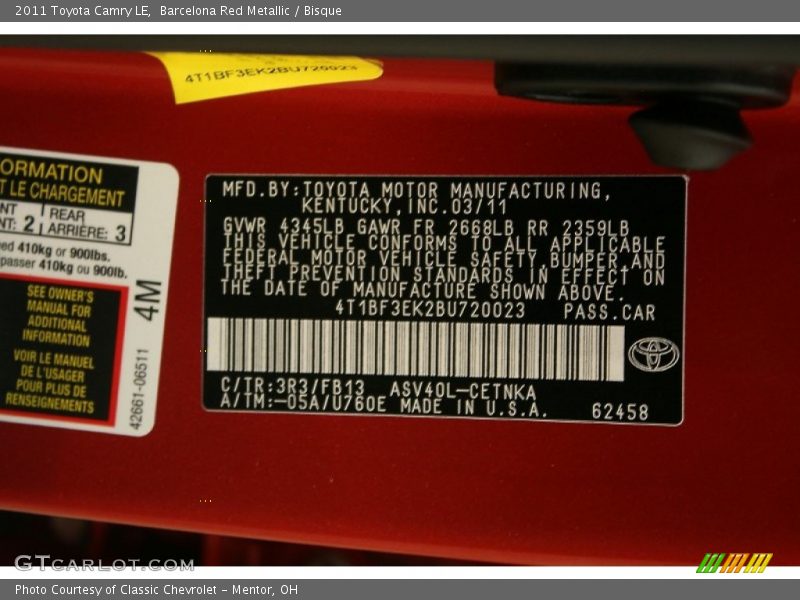 Barcelona Red Metallic / Bisque 2011 Toyota Camry LE