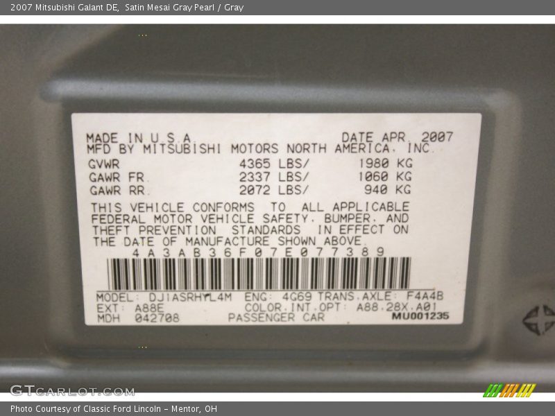 2007 Galant DE Satin Mesai Gray Pearl Color Code A88