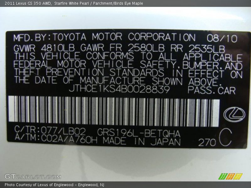 2011 GS 350 AWD Starfire White Pearl Color Code 077