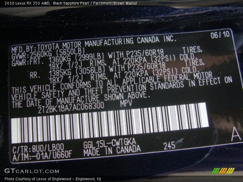 Black Sapphire Pearl / Parchment/Brown Walnut 2010 Lexus RX 350 AWD