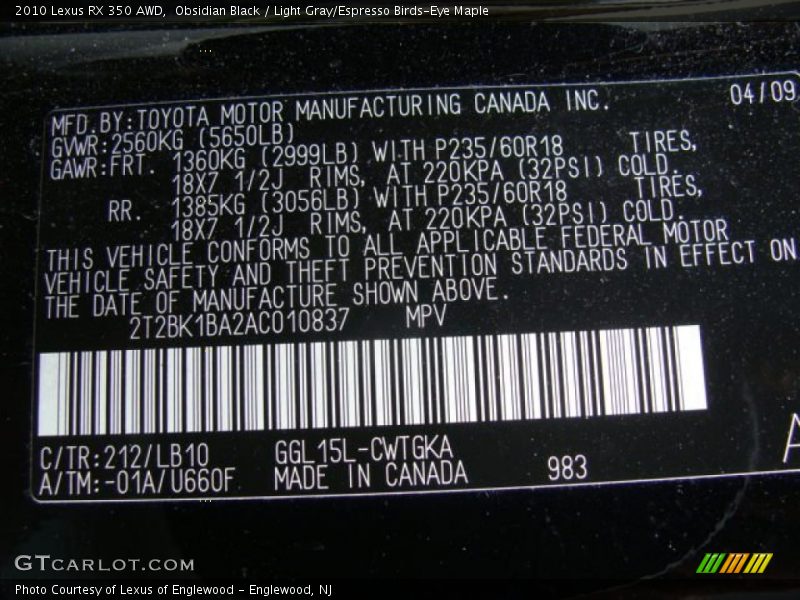 Obsidian Black / Light Gray/Espresso Birds-Eye Maple 2010 Lexus RX 350 AWD