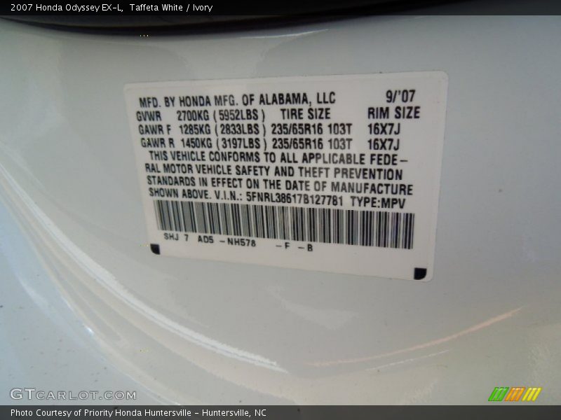 Taffeta White / Ivory 2007 Honda Odyssey EX-L