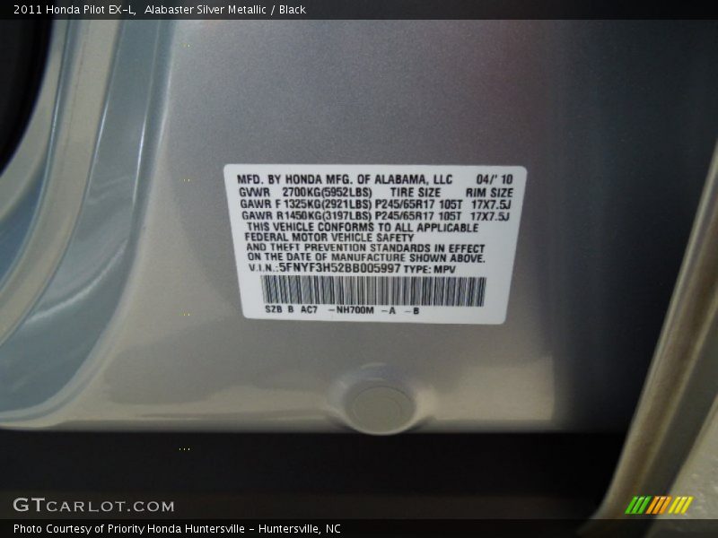 Alabaster Silver Metallic / Black 2011 Honda Pilot EX-L
