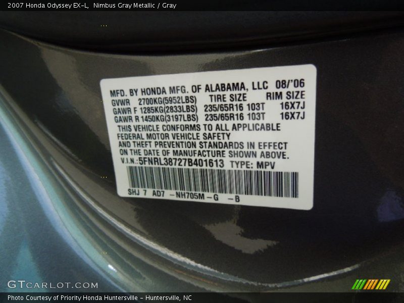 Nimbus Gray Metallic / Gray 2007 Honda Odyssey EX-L