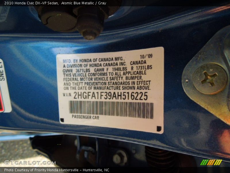 Atomic Blue Metallic / Gray 2010 Honda Civic DX-VP Sedan