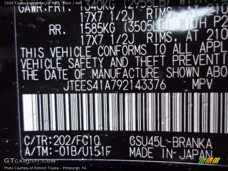 Black / Ash 2009 Toyota Highlander V6 4WD