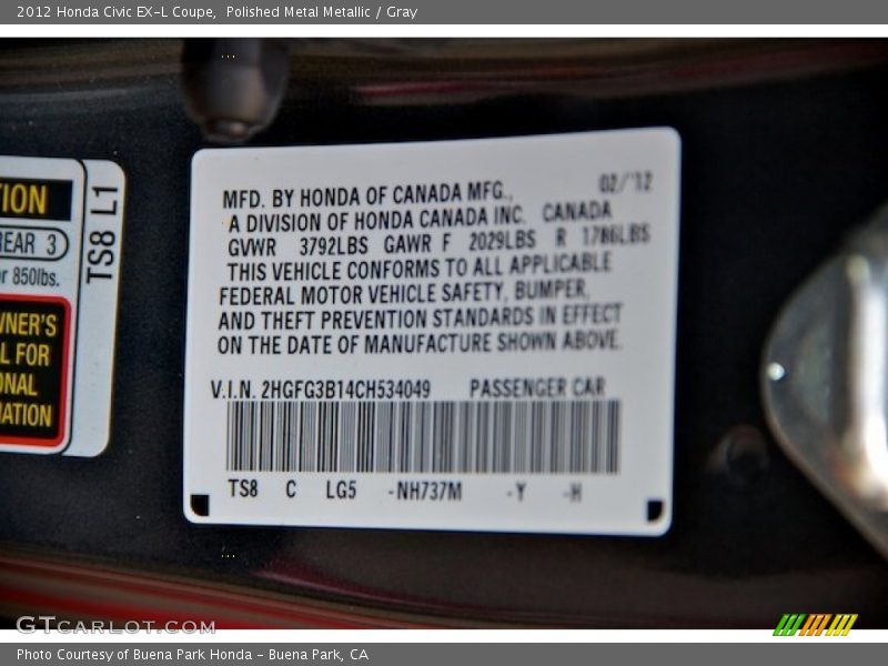 Polished Metal Metallic / Gray 2012 Honda Civic EX-L Coupe