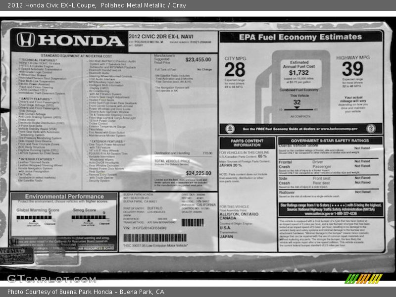 Polished Metal Metallic / Gray 2012 Honda Civic EX-L Coupe