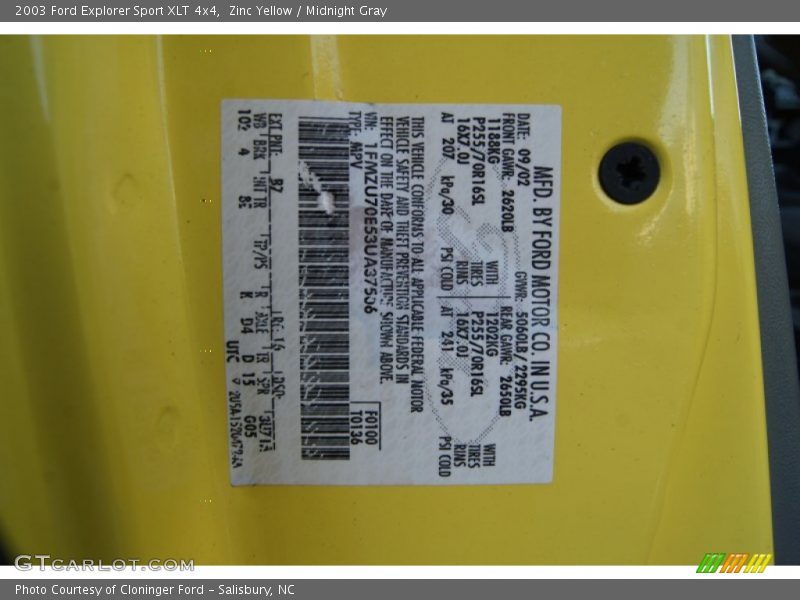 2003 Explorer Sport XLT 4x4 Zinc Yellow Color Code B7