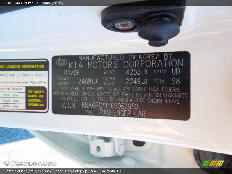 White / Gray 2006 Kia Optima LX