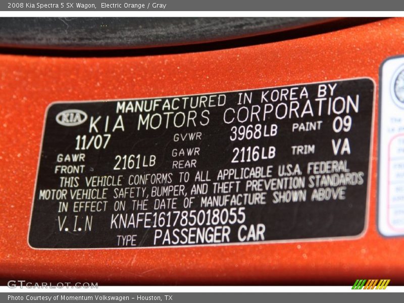 2008 Spectra 5 SX Wagon Electric Orange Color Code 09